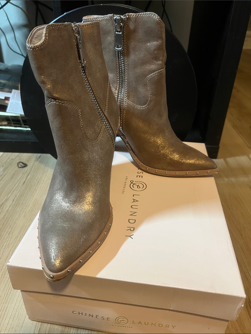 Chinese Laundry Shimmery Taupe Pointed Studded Ankle Boots
